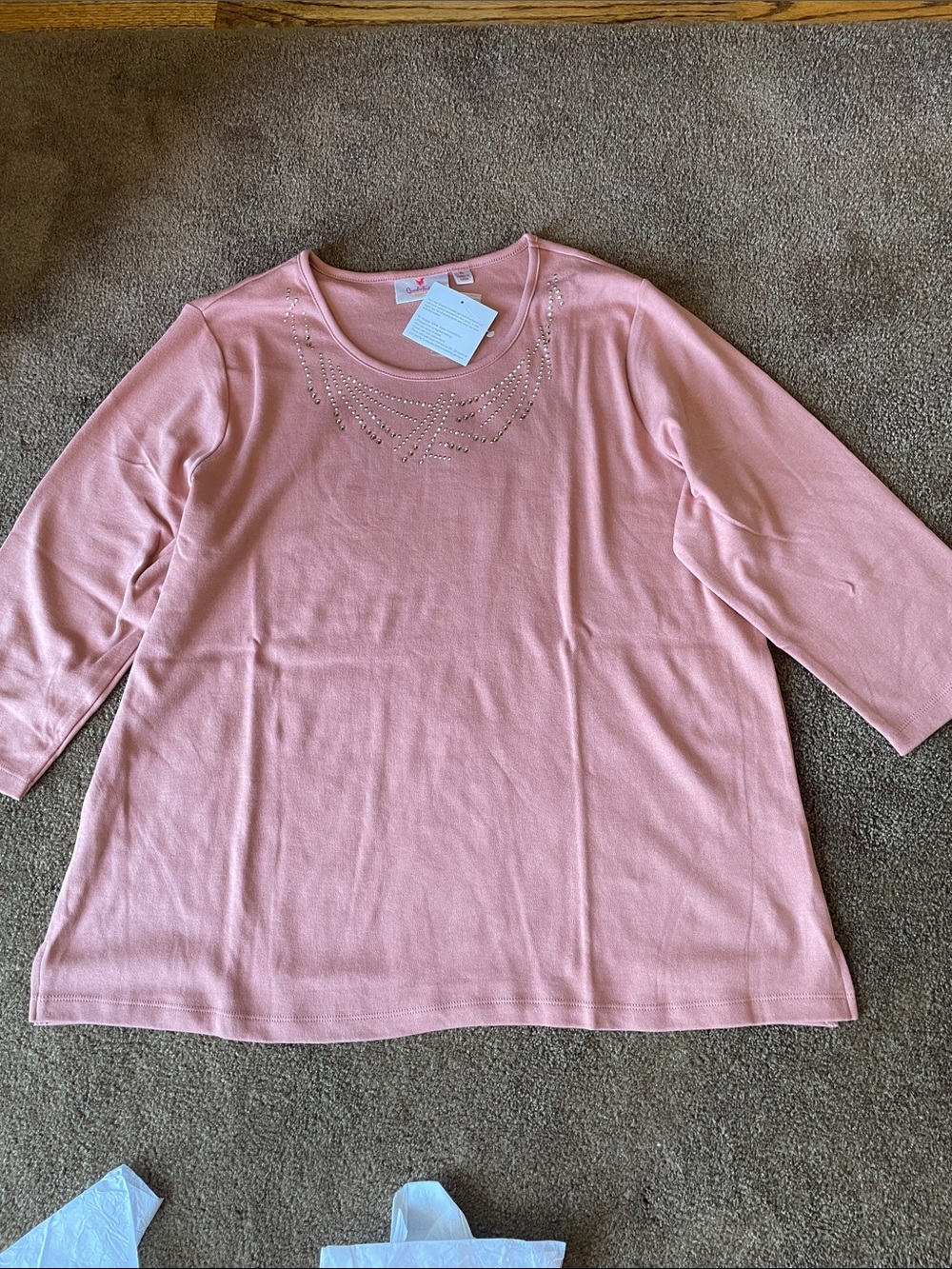 Quacker Factory Dusty Rose Rhinestone Scoop Neck Long Sleeve Tee